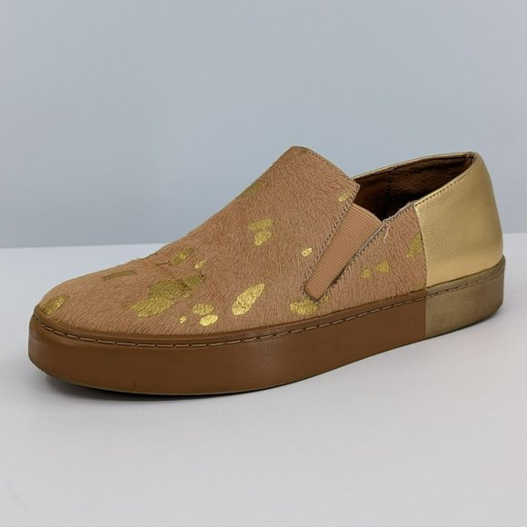 Free People Shoes - Free People Varsity Sneakers 8 Metallic Gold Calf Hair Leather Slip Ons Comfort